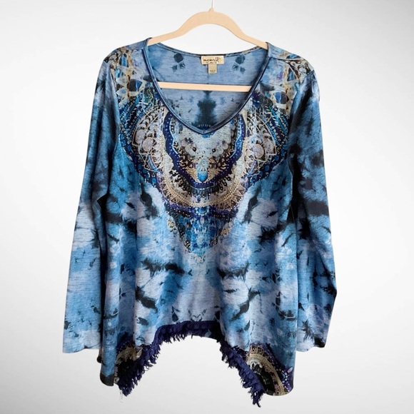 One World Embellished Pullover Top Fringe Bottom Long Sleeves - Picture 13 of 14